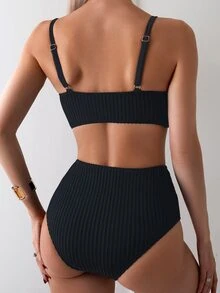 Swim Basics Women Simple Solid Textured Wireless Summer Beach Bikini Set - Black - View 3