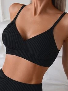 Swim Basics Women Simple Solid Textured Wireless Summer Beach Bikini Set - Black - View 6