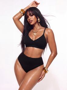 Swim Basics Women Simple Solid Textured Wireless Summer Beach Bikini Set - Black - View 2
