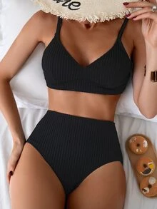 Swim Basics Women Simple Solid Textured Wireless Summer Beach Bikini Set - Black - View 4