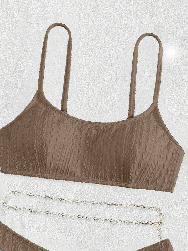 Swim Basics Summer Beach Plain Chain Belted Bikini Set Bathing Suit - Khaki - View 7