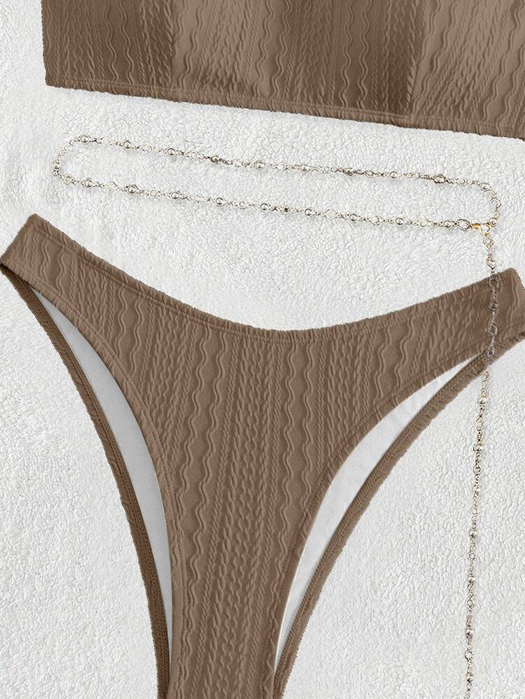 Swim Basics Summer Beach Plain Chain Belted Bikini Set Bathing Suit - Khaki - View 5