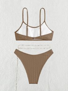Swim Basics Conjunto de bikini sencillo con cinturón de cadena para playa de verano - Caqui - Ver 8
