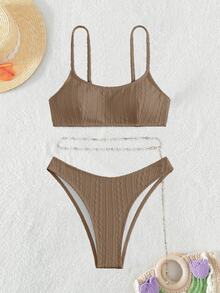 Swim Basics Conjunto de bikini sencillo con cinturón de cadena para playa de verano - Caqui - Ver 6