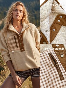 WanderVale Women's New Outdoor Fleece Jacket, Double-Sided Fleece Fabric With Brown Plaid Print Patchwork, Half-Zip Pocket Contrast Zipper Design, Long Sleeve, Apricot Color, Suitable For Outdoor Sports - Apricot - View 2
