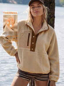 WanderVale Women's New Outdoor Fleece Jacket, Double-Sided Fleece Fabric With Brown Plaid Print Patchwork, Half-Zip Pocket Contrast Zipper Design, Long Sleeve, Apricot Color, Suitable For Outdoor Sports - Apricot - View 9