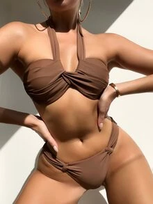 Swim Basics Summer Beach Twist Halter Push Up Bra & Swim Bottom Bikini Set Bathing Suit - Coffee Brown - View 1