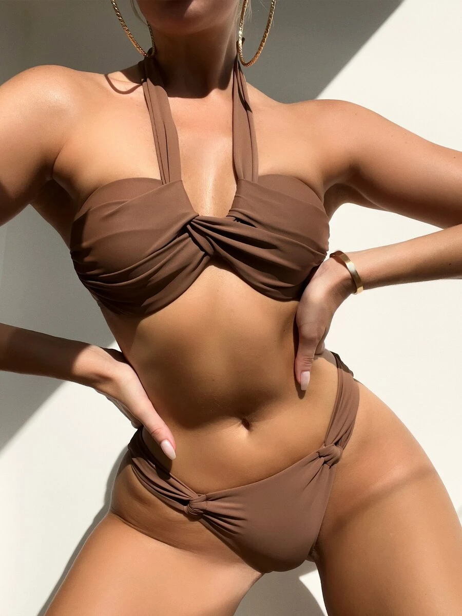 Swim Basics Summer Beach Twist Halter Push Up Bra & Swim Bottom Bikini Set Bathing Suit - Coffee Brown - View 1