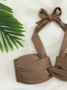 Swim Basics Summer Beach Twist Halter Push Up Bra & Swim Bottom Bikini Set Bathing Suit - Coffee Brown - View 5