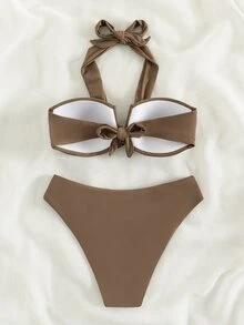 Swim Basics Summer Beach Twist Halter Push Up Bra & Swim Bottom Bikini Set Bathing Suit - Coffee Brown - View 4