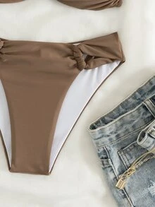 Swim Basics Summer Beach Twist Halter Push Up Bra & Swim Bottom Bikini Set Bathing Suit - Coffee Brown - View 6