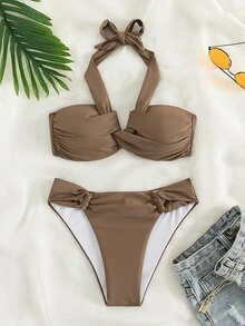 Swim Basics Summer Beach Twist Halter Push Up Bra & Swim Bottom Bikini Set Bathing Suit - Coffee Brown - View 3