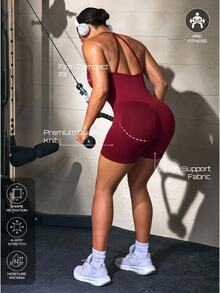 Solea Cove Women's Solid Color Spaghetti Strap Daily Fitness Sports Romper - Burgundy - View 7