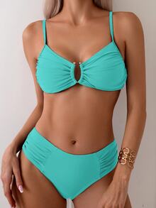 Swim Basics 女士夏季海滩纯色褶皱性感比基尼套装 - 薄荷綠 - 查看 2