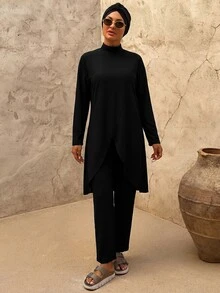 SHEIN Swim 女款純色度假簡約長袖上衣與休閒長褲泳帽泳衣3件套海灘裝 - 黑色 - 查看 5