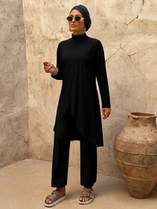 SHEIN Swim 女款純色度假簡約長袖上衣與休閒長褲泳帽泳衣3件套海灘裝 - 黑色 - 查看 6