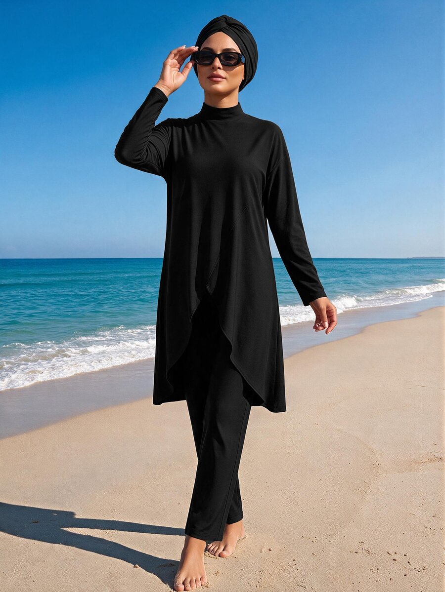 SHEIN Swim 女款純色度假簡約長袖上衣與休閒長褲泳帽泳衣3件套海灘裝 - 黑色 - 查看 1