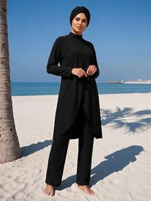 SHEIN Swim 女款純色度假簡約長袖上衣與休閒長褲泳帽泳衣3件套海灘裝 - 黑色 - 查看 2