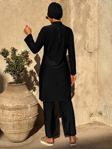 SHEIN Swim 女款純色度假簡約長袖上衣與休閒長褲泳帽泳衣3件套海灘裝 - 黑色 - 查看 4