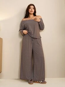 Edennvi Plus Size Women Elegant Striped Contrast Color Knit Off-Shoulder Long Sleeve Top + Straight Leg Wide Leg Knit Pants 2 Pieces Set, Asymmetrical Minimalist Design, Suitable For Daily Wear, Commuting, Home Outfit - Coffee Brown - View 4