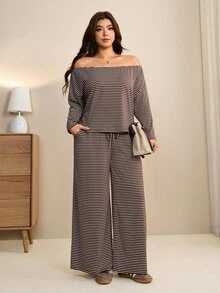 Edennvi Plus Size Women Elegant Striped Contrast Color Knit Off-Shoulder Long Sleeve Top + Straight Leg Wide Leg Knit Pants 2 Pieces Set, Asymmetrical Minimalist Design, Suitable For Daily Wear, Commuting, Home Outfit - Coffee Brown - View 6