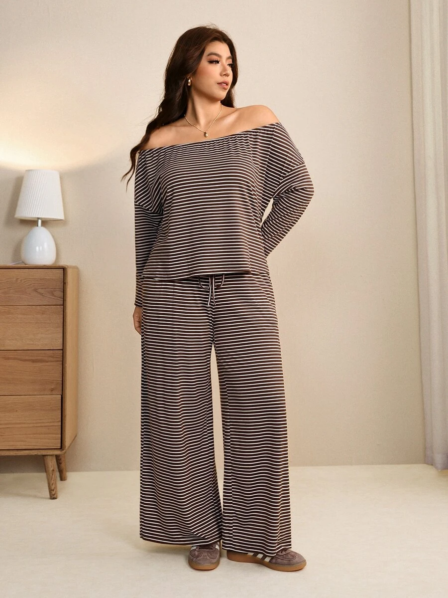 Edennvi Plus Size Women Elegant Striped Contrast Color Knit Off-Shoulder Long Sleeve Top + Straight Leg Wide Leg Knit Pants 2 Pieces Set, Asymmetrical Minimalist Design, Suitable For Daily Wear, Commuting, Home Outfit - Coffee Brown - View 1