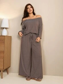 Edennvi Plus Size Women Elegant Striped Contrast Color Knit Off-Shoulder Long Sleeve Top + Straight Leg Wide Leg Knit Pants 2 Pieces Set, Asymmetrical Minimalist Design, Suitable For Daily Wear, Commuting, Home Outfit - Coffee Brown - View 7