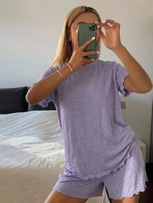 Livesso Women's Summer Comfortable Solid Color Minimalist Knit Dense Hem Wavy Edge Loungewear Set - Purple - View 4