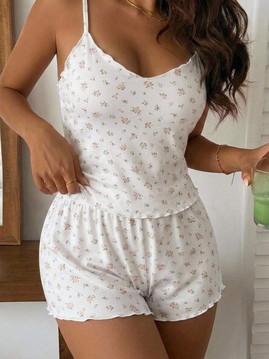 DAZY 甜美花卉V領無袖背心與短款睡褲2件組女款睡衣 - 米色 - 查看 1