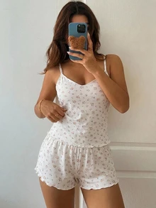 DAZY 甜美花卉V領無袖背心與短款睡褲2件組女款睡衣 - 米色 - 查看 4