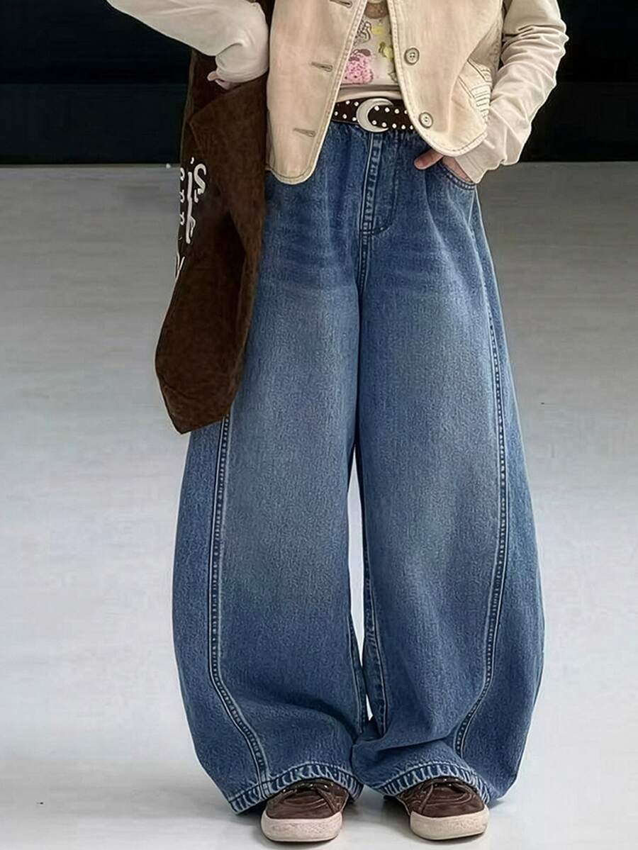 DAZY Tween Girl Wide Leg Loose Casual Denim Jeans With Pockets - Medium Wash - View 1