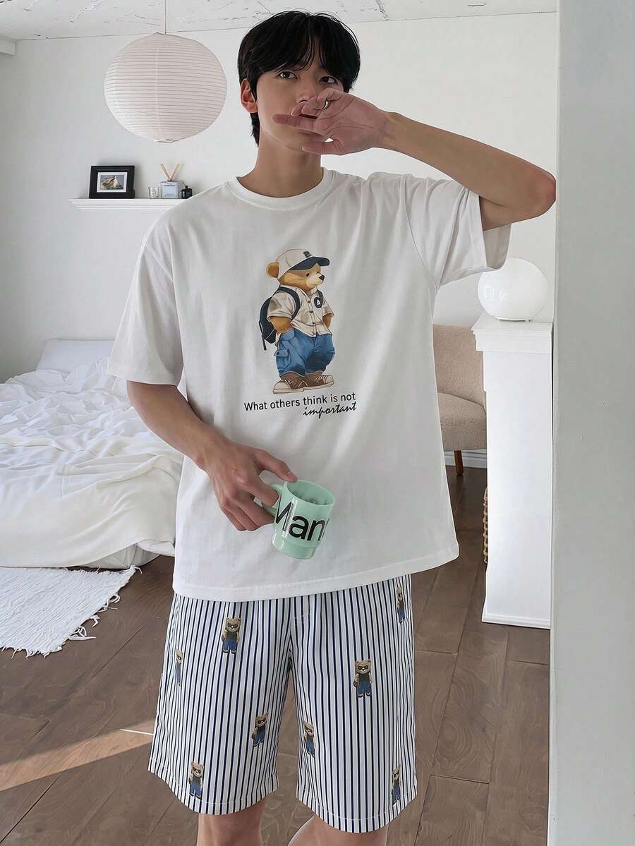 DAZY Men's Summer Graphic Print T-Shirt And Striped Shorts Pajama Set - Multicolor - View 1