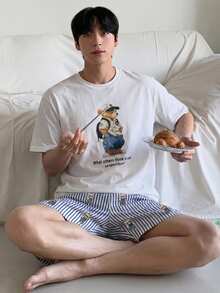 DAZY Men's Summer Graphic Print T-Shirt And Striped Shorts Pajama Set - Multicolor - View 5