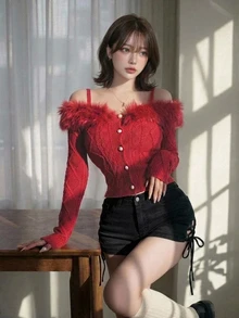 FRIFUL Women's Cold Shoulder Long Sleeve Single-Breasted Solid Color Fur Collar Decor Fashion Sweater Dinner Date Red Winter Romantic Elegant - Red - View 6