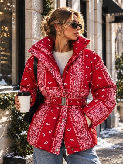 Trelyra Women's Burgundy Patterned Puffer Jacket – Gold Buckle Belted Winter Coat, Long Sleeve Quilted Outerwear, Microfiber Warm Parka, Brown Contrasting Print, Street Style, Stylish Insulated Jacket