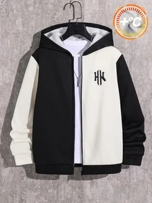 SHEIN 兒童青少年男孩休閒連帽拼色長袖抓絨內裡中厚梭織黑色夾克，適合學校、花園、海灘、生日，春、夏、秋、冬穿著 - 杏色 - 查看 2