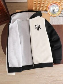 SHEIN 兒童青少年男孩休閒連帽拼色長袖抓絨內裡中厚梭織黑色夾克，適合學校、花園、海灘、生日，春、夏、秋、冬穿著 - 杏色 - 查看 5