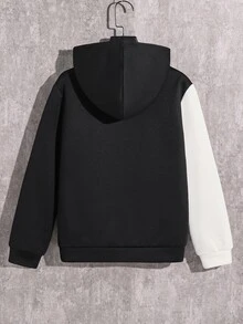 SHEIN 兒童青少年男孩休閒連帽拼色長袖抓絨內裡中厚梭織黑色夾克，適合學校、花園、海灘、生日，春、夏、秋、冬穿著 - 杏色 - 查看 3