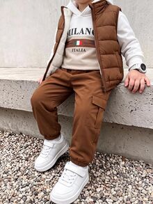 SHEIN 2pcs Kids Tween Boy Casual Daily Versatile Comfortable Striped Print Pattern Hoodie Sweatshirt Solid Color Loose Cargo Pants Knit Two Pieces Set Suitable For School, Home, Daily Wear, Sports, Versatile Minimalist Style Suitable For Spring And Summer - White - View 4