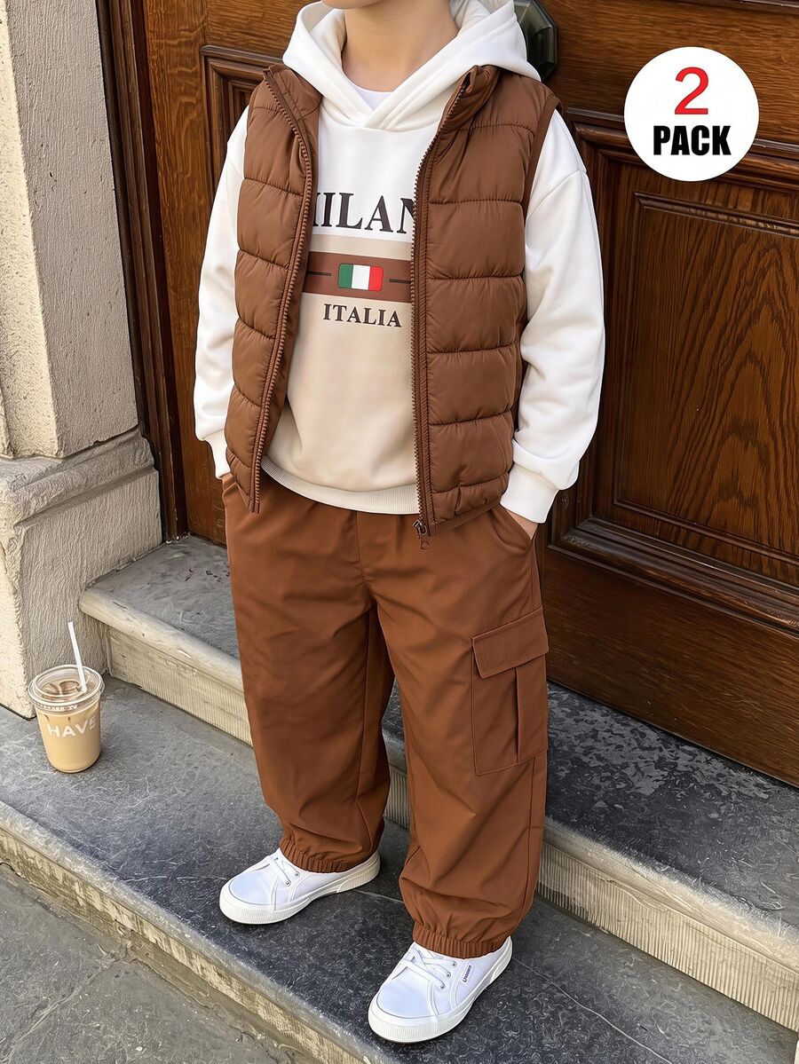 SHEIN 2pcs Kids Tween Boy Casual Daily Versatile Comfortable Striped Print Pattern Hoodie Sweatshirt Solid Color Loose Cargo Pants Knit Two Pieces Set Suitable For School, Home, Daily Wear, Sports, Versatile Minimalist Style Suitable For Spring And Summer