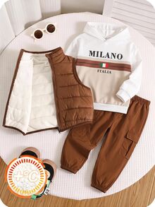 SHEIN 2pcs Kids Tween Boy Casual Daily Versatile Comfortable Striped Print Pattern Hoodie Sweatshirt Solid Color Loose Cargo Pants Knit Two Pieces Set Suitable For School, Home, Daily Wear, Sports, Versatile Minimalist Style Suitable For Spring And Summer - White - View 5