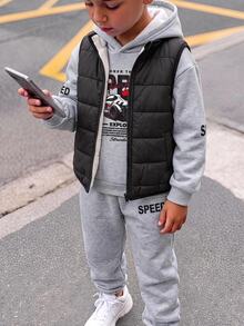 SHEIN 2pcs Kids Tween Boy Casual Daily Versatile Comfortable Print Pattern Autumn Hoodie Sweatshirt Loose Fit Knit Fleece Lined Thick Sweatshirt Set - Grey - View 4