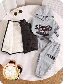 SHEIN 2pcs Kids Tween Boy Casual Daily Versatile Comfortable Print Pattern Autumn Hoodie Sweatshirt Loose Fit Knit Fleece Lined Thick Sweatshirt Set - Grey - View 2