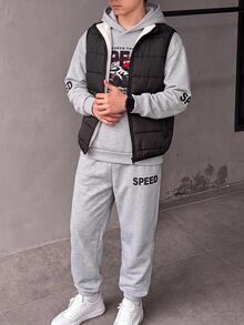 SHEIN 2pcs Kids Tween Boy Casual Daily Versatile Comfortable Print Pattern Autumn Hoodie Sweatshirt Loose Fit Knit Fleece Lined Thick Sweatshirt Set - Grey - View 5