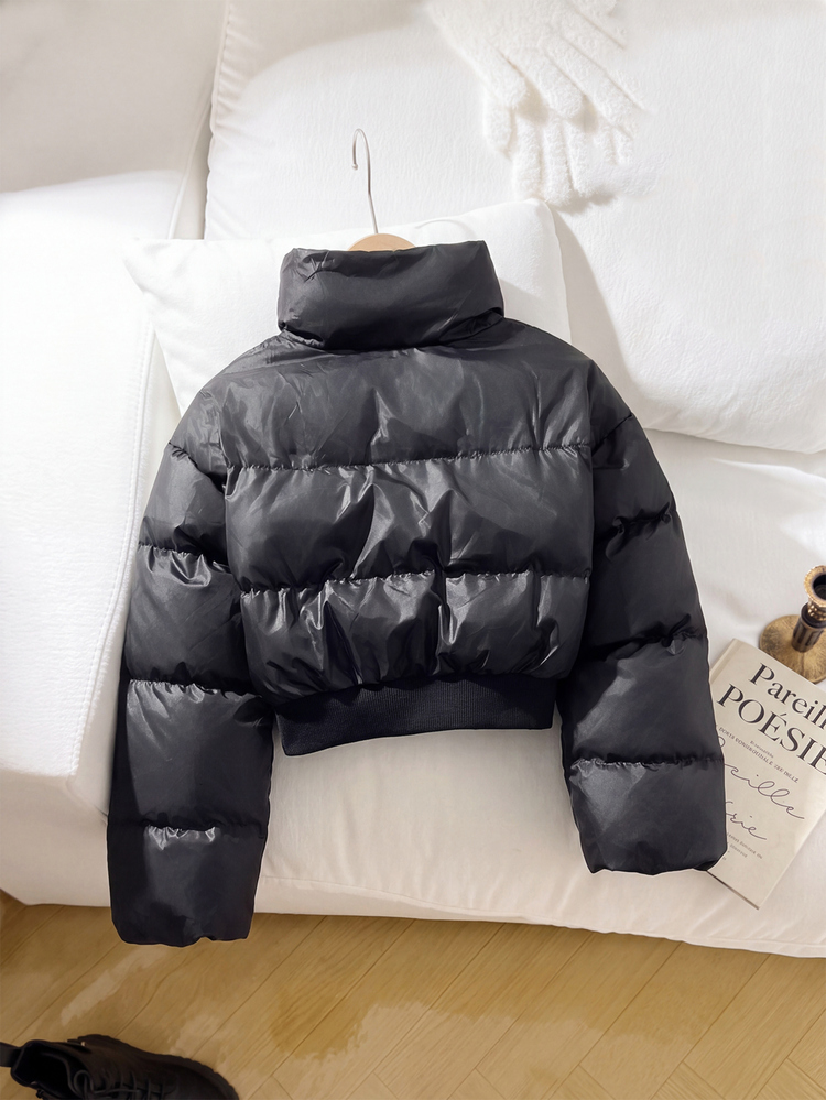 SHEIN Kids 1pc Tween Girl High Waist Cropped Cinched Waist Padded Coat, Casual Fall/Winter - Black - View 5