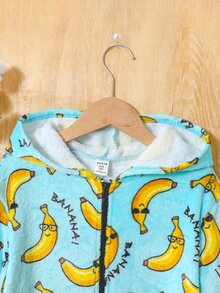 SHEIN Kids Tween Boy Autumn/Winter Cartoon Banana Pattern Long Sleeve Hooded Zipper Front Soft Skin-Friendly Flannel Loungewear Jumpsuit - Green - View 3