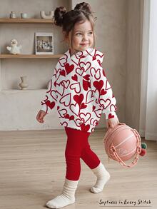 Kids Young Girl Graffiti Heart Print Long Sleeve Autumn Hoodie & Leggings 2 Pieces Set For Outings And Parties - Multicolor - View 1