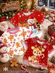 少女休閒簡約可愛趣味卡通聖誕馴鹿圖案漸層雪花紅圓領短袖T恤，適合聖誕可愛風圖案上衣 - 彩色 - 查看 1