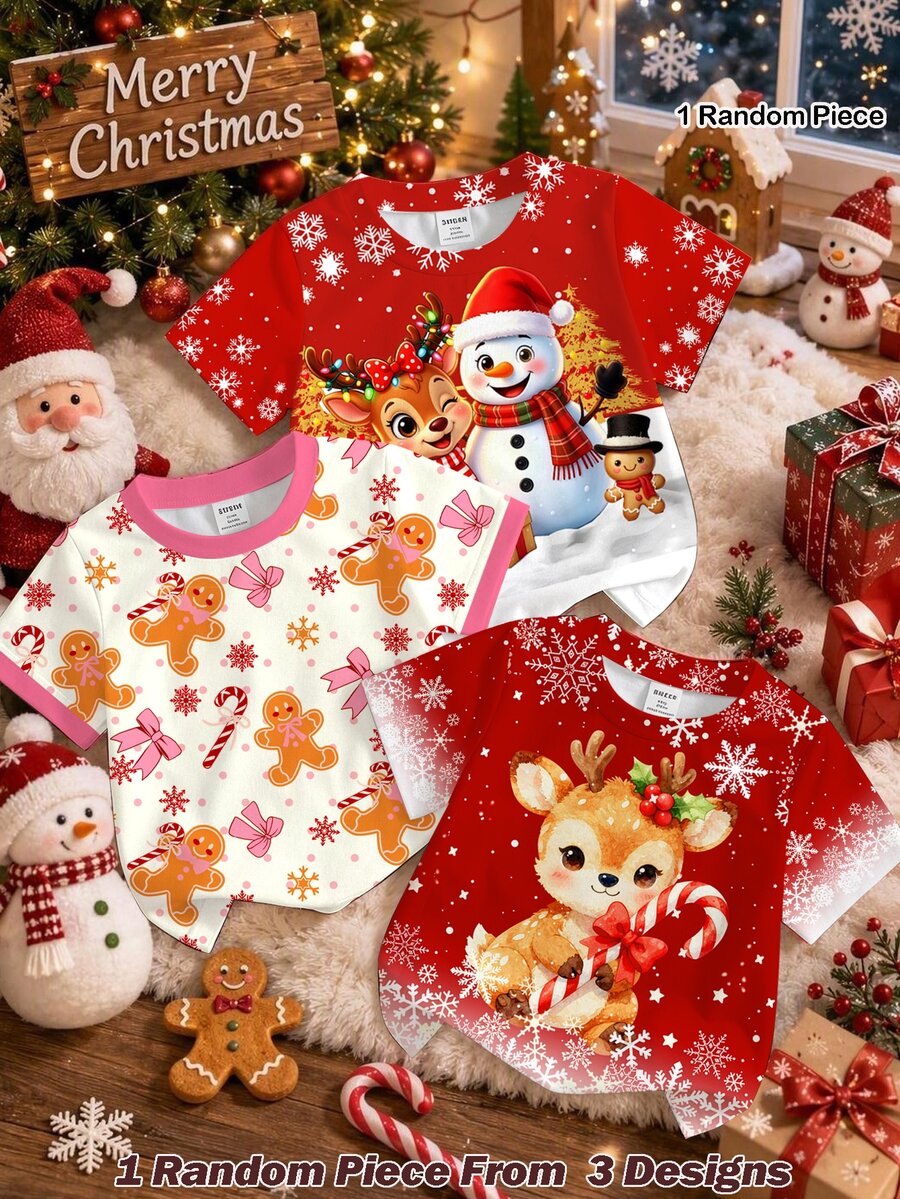 少女休閒簡約可愛趣味卡通聖誕馴鹿圖案漸層雪花紅圓領短袖T恤,適合聖誕可愛風圖案上衣 - 彩色 - 查看 1