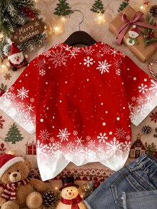 少女休閒簡約可愛趣味卡通聖誕馴鹿圖案漸層雪花紅圓領短袖T恤，適合聖誕可愛風圖案上衣 - 彩色 - 查看 4